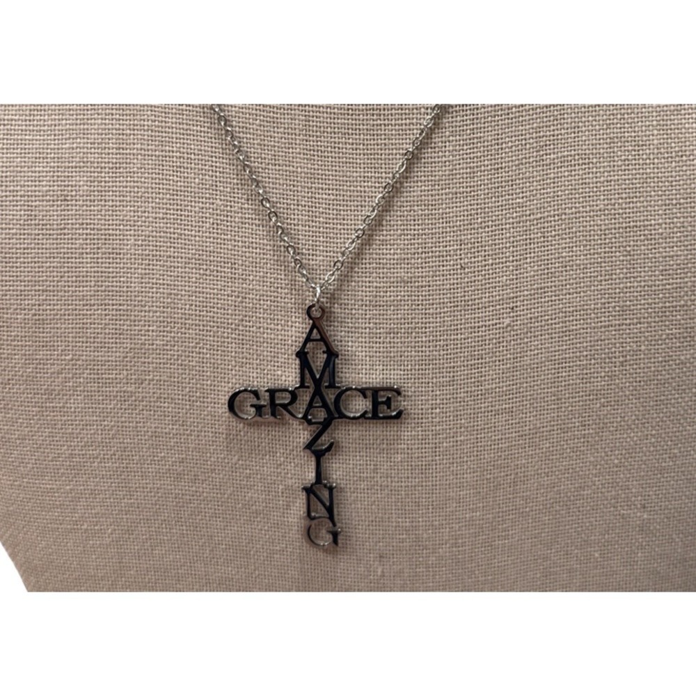 Stainless Steel Amazing Grace Cross Necklace - Gold, Christian Faith Church N114